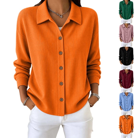 Women Casual Tops Women Winter Solid Color Long Sleeve Lapel Corduroy Button Front Top Orange L