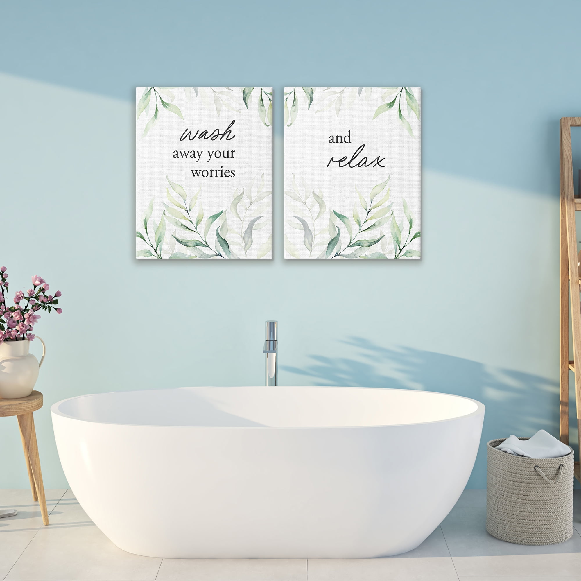 Soothing Bathroom Greenery Words 2 Piece Canvas Wall Art Set, design by Lettered and Lined