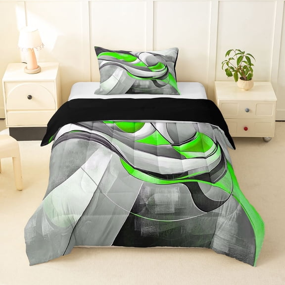 Homewish Green Swirl Geometric Twin Comforter Sets,Modern Abstract Bedding Set,Black Reversible,2-Piece,1 Comforter and 1 Pillowcase