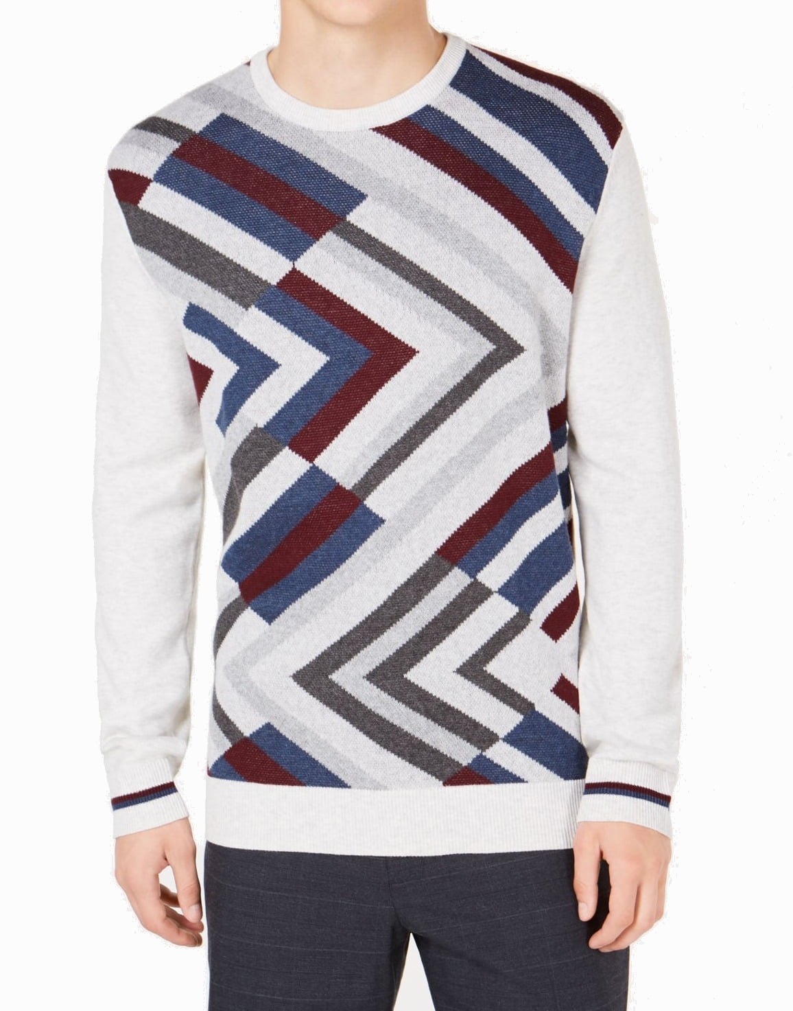Alfani Sweaters - Heather Blue Mens Geo-Print Crewneck Sweater 2XL ...