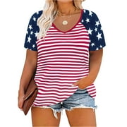 TIYOMI Womens Plus Size American Flag Tops 3x 4th of July Tops Color Block Short Sleeve Shirts Red Striped Raglan T-shirts Basic V-Neck Patriotic Tunics 3XL 20W 22W