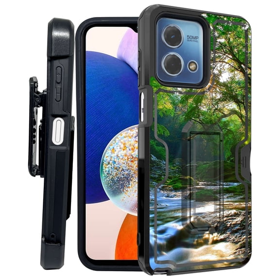 ANJ  Rugged Shockproof Kickstand Hybrid Case with Card Slot and Holster   Tempered Glass Cover for Motorola Moto G Stylus 5G (2023) - Forest Stream