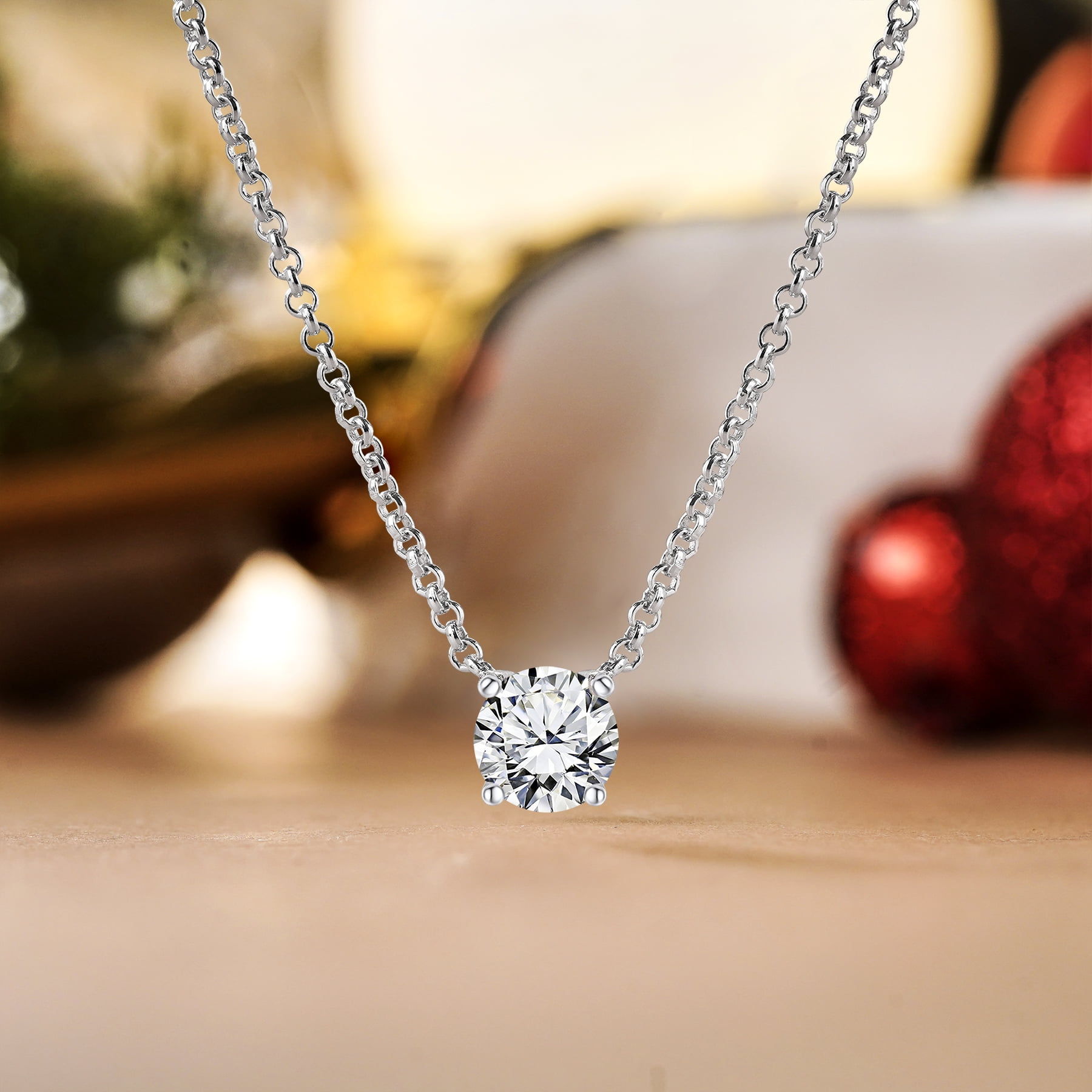 JeenMata 1 Carat Moissanite Solitaire Pendant Necklace, 18k White Gold over Silver, April Birthstone, Female, Adult  (图5)