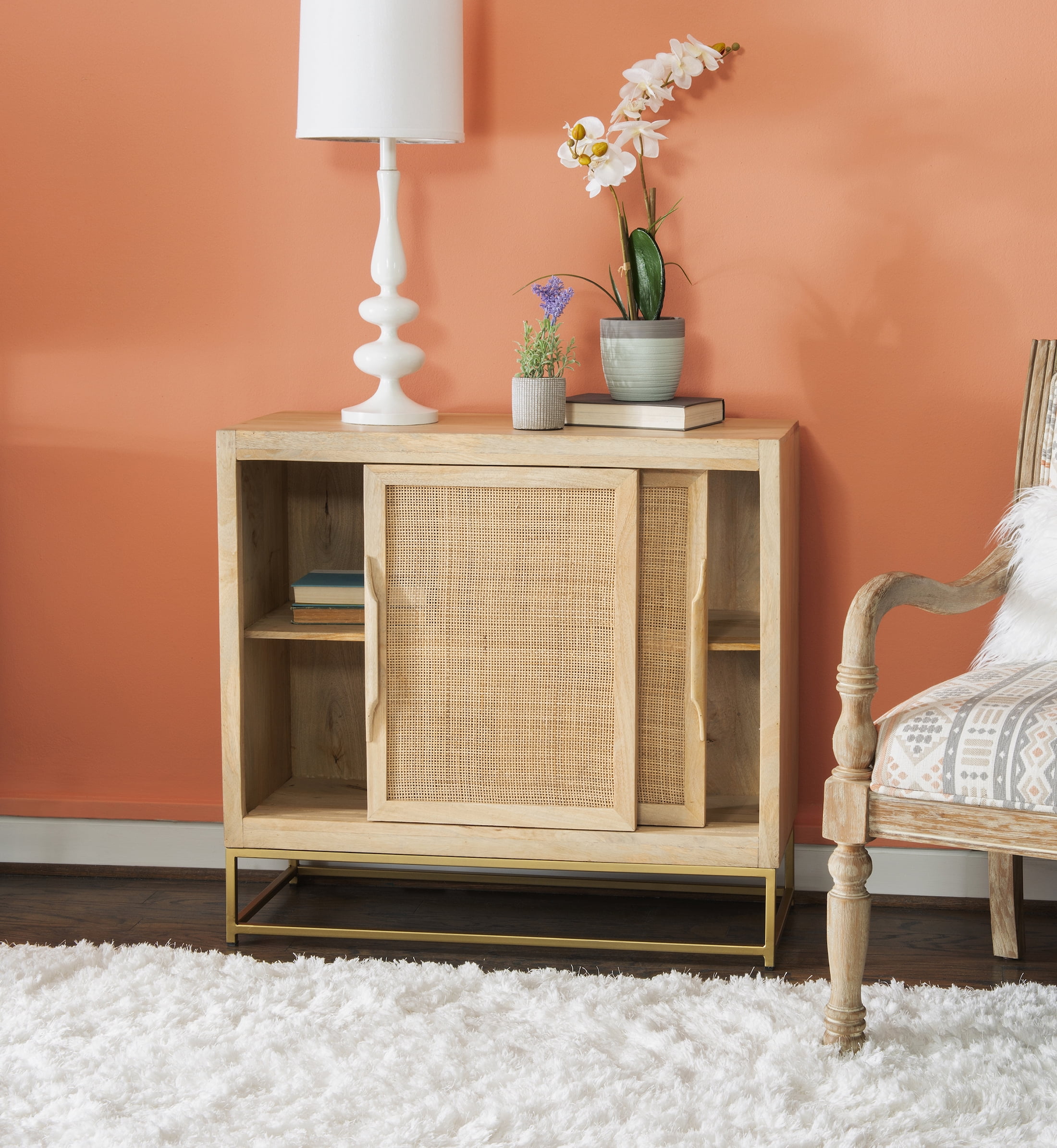 Blair Rattan Sliding Doors Cabinet with Shelves, Natural and Gold