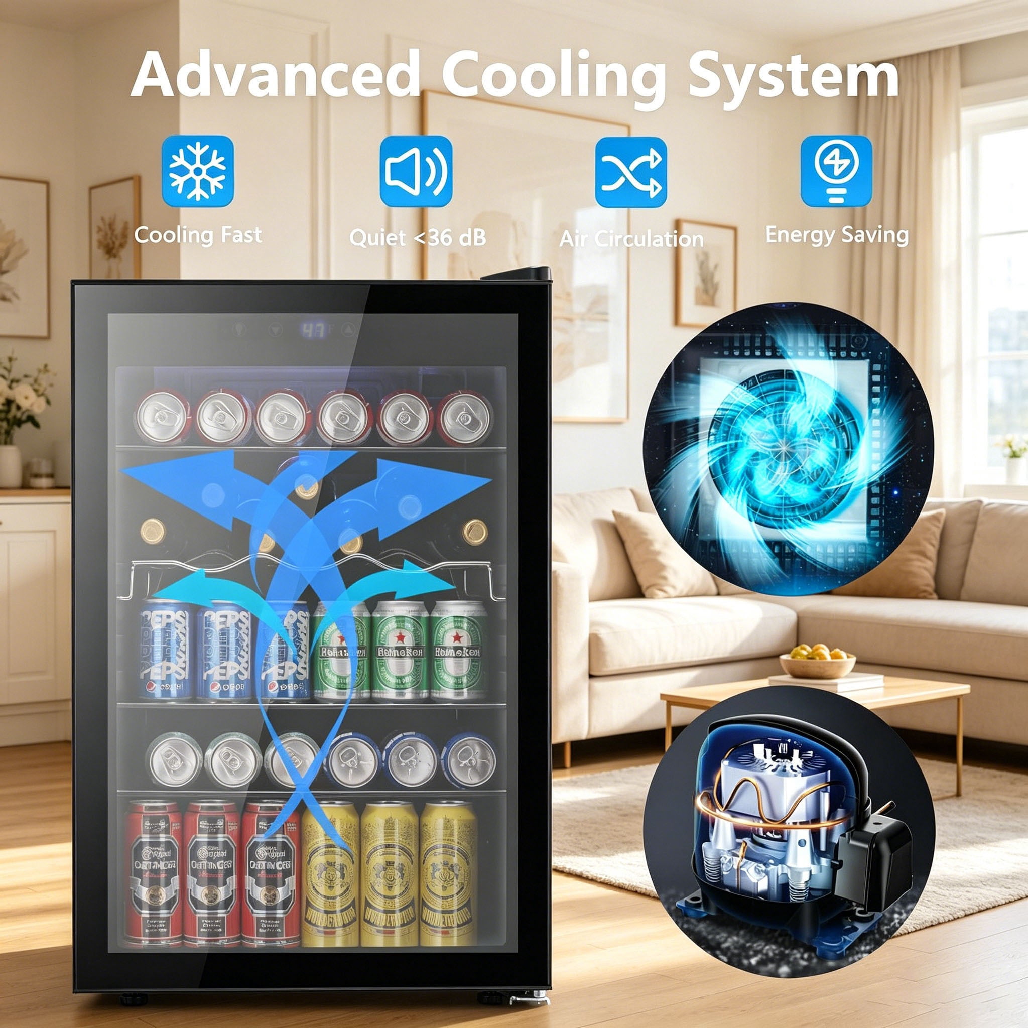 Auseo 150 Can Beverage Refrigerator Cooler,Drink Fridge with Black Glass Door, Touch Lock & Adjustable Shelf Wine Cooler for Home/Office/Bar