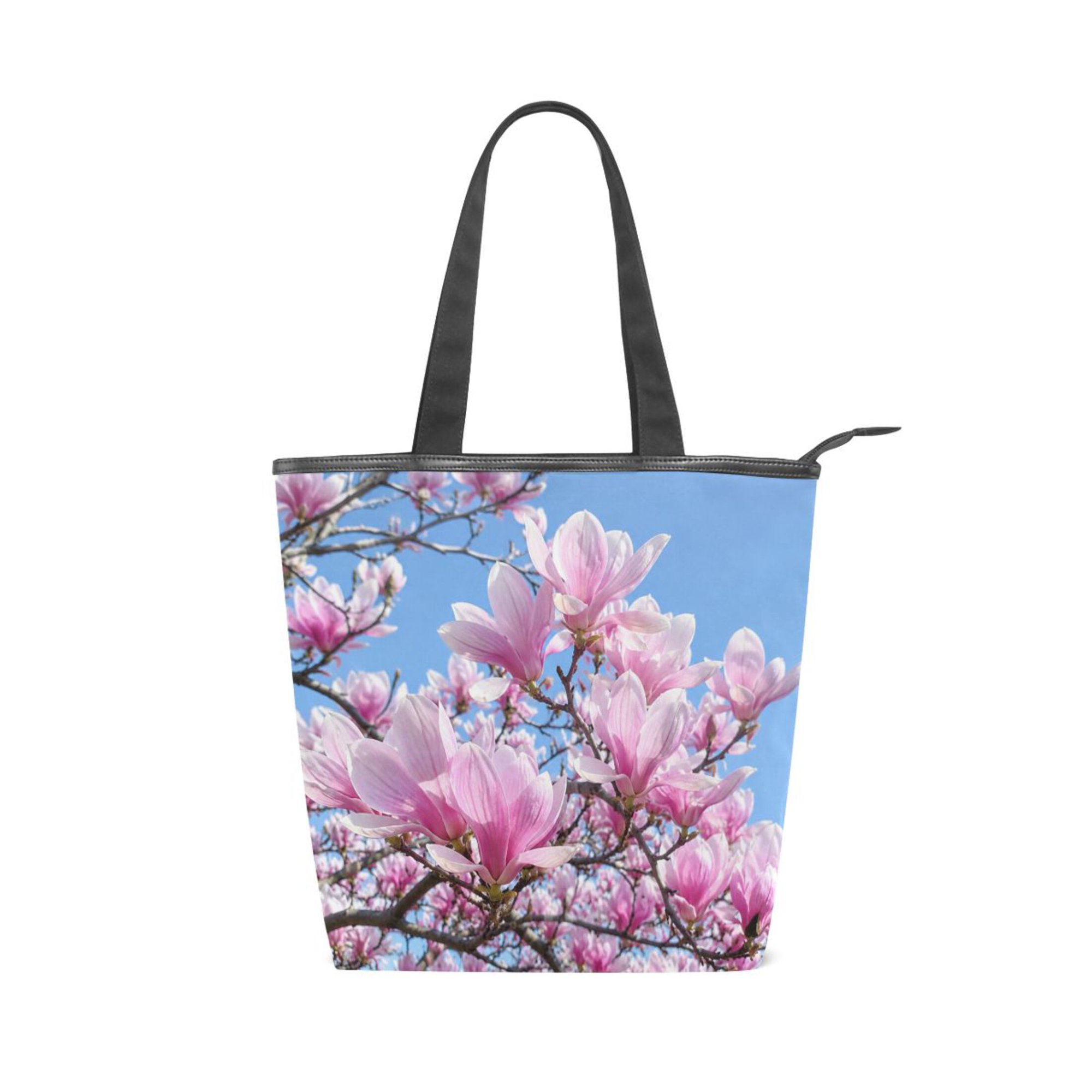 Large Capacity Canvas Tote Bag with Zipper, Durable Canvas & Leather Shoulder Handbag, All-over Print Tote for Work Commuter Shopping Travel Spring Magnolia Bloom