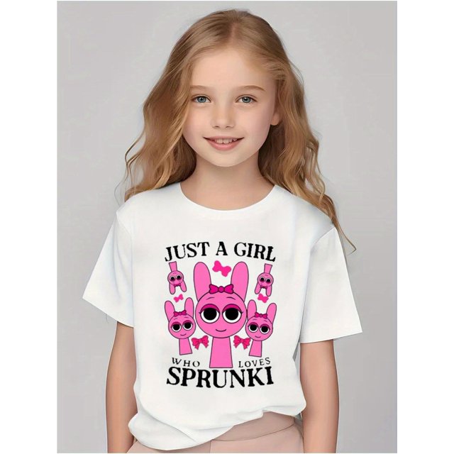 T-Shirt d'Été Doux et Confortable pour Filles - "Juste une Fille Qui Aime les Sprunki" Imprimé Dessin Animé, Col Rond, Manches Courtes, Coton Extensible - Idéal pour les Activités Extérieures Printemps/été, Vêtements de Jeu Extérieurs Ludique