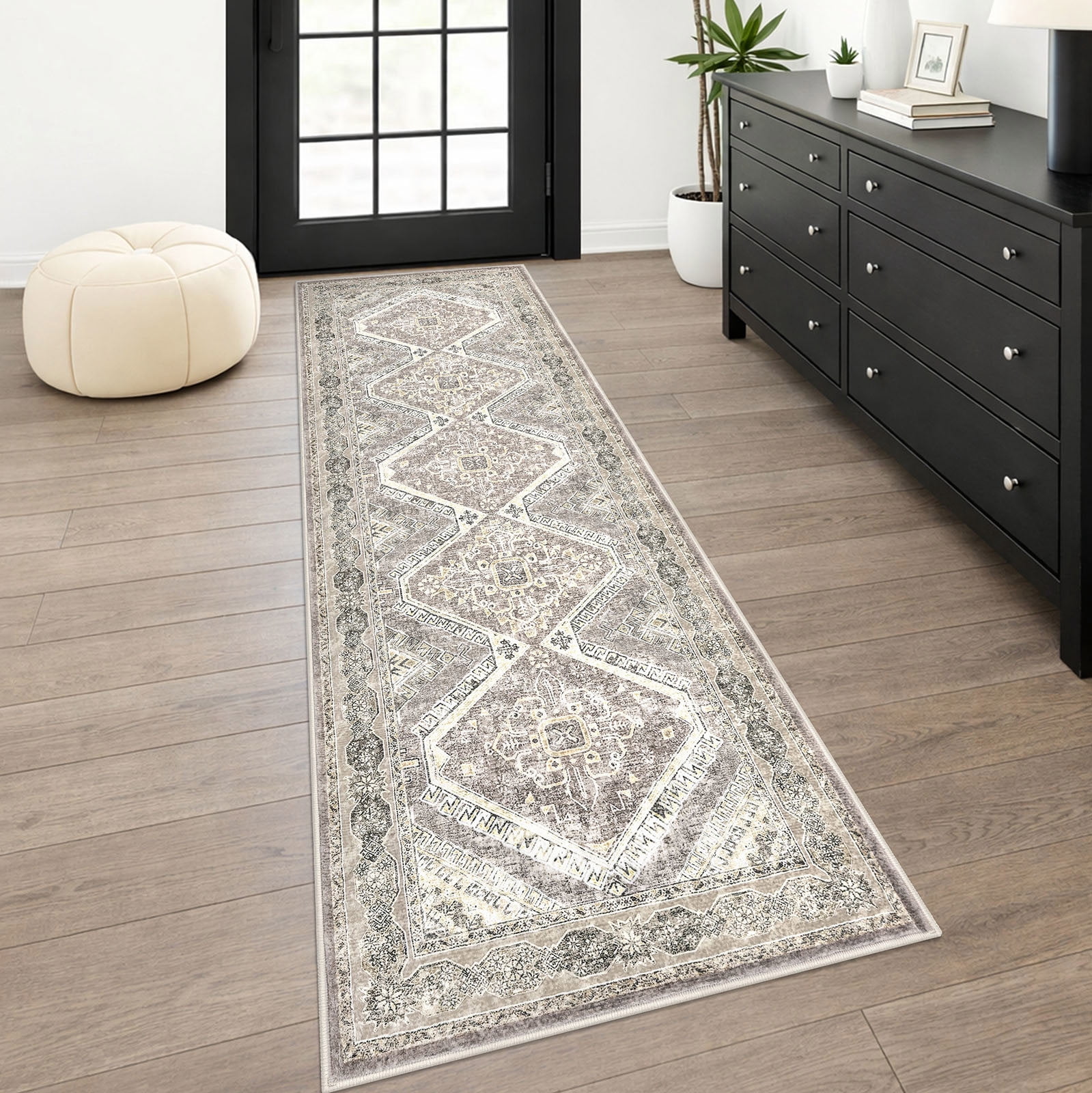 GLATTICE Runner Rug 2x6 Ivory Grey Vintage Floral Rug Boho Rug Runner Non-Slip Washable Kitchen Runner Soft Printed Retro Flower Carpet Runner for Bedroom Laundry Entryway