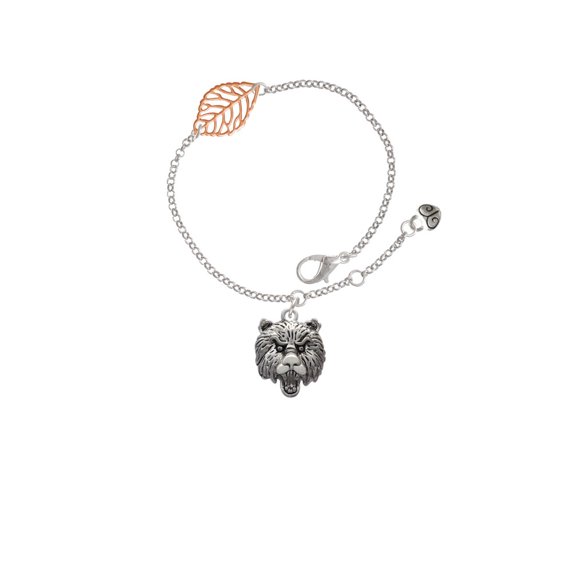 Delight Jewelry Silvertone Large Bear - Mascot - Rose Goldtone Leaf Delicate Bracelet, 6.25+1.75"