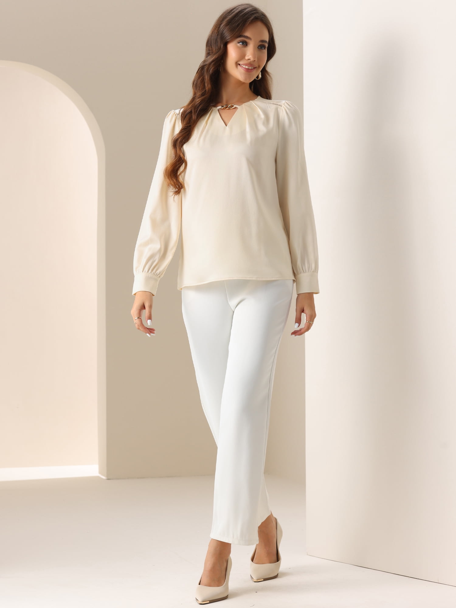 DARING DIVA Women's  Elegant Keyhole Neck Long Sleeves Top M Champagne