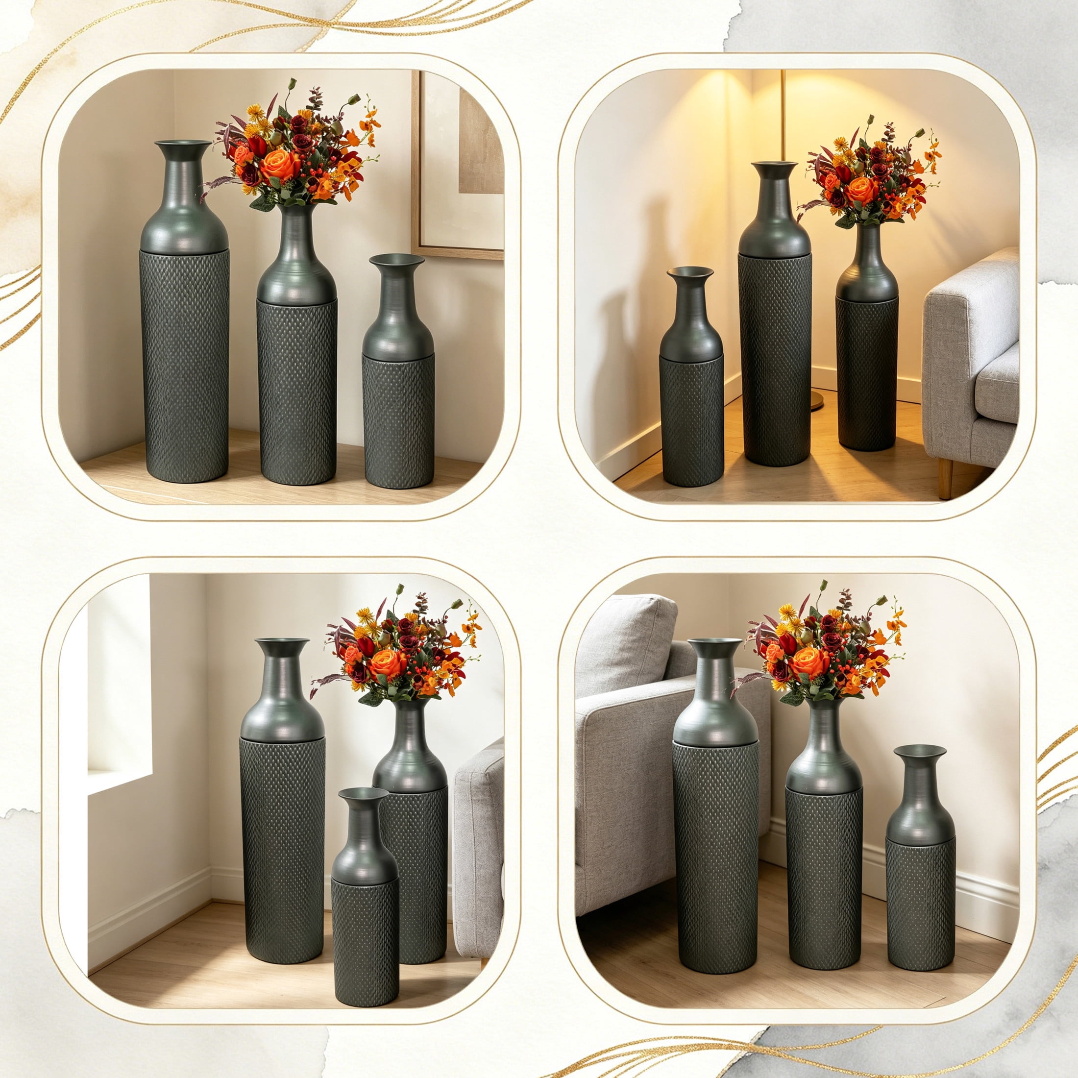 Noble House Set of 3 Decorative Metal Floor Vases, Tall Mesh Textured Vases for Home Decor, Black