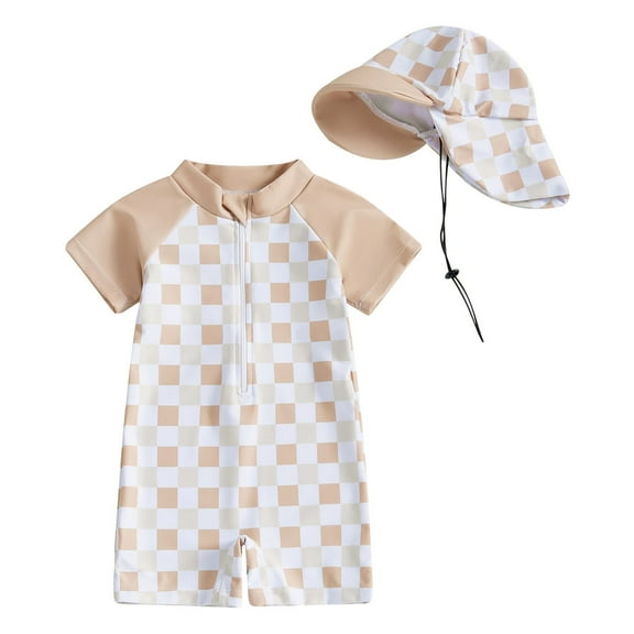 Zanarzt Baby Boy Swimsuit Toddler Baby Boy Cap   Short Sleeve Check Stylish and Cute Toddler Swimsuit Yellow,2-3 Years