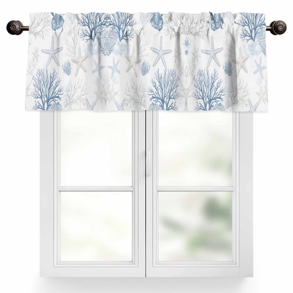 Summer Coastal Valances for Windows, 42 x 18in, Coral Starfish Nautical Beach Rod Pocket Kitchen Valance Curtain Light Filtering Window Treatments for Living Room Bedroom, 1 Panel