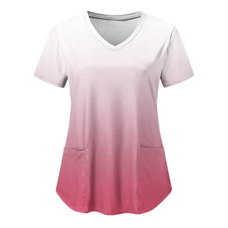 

T-Shirt Women Scrubs Top Nurses Clothing Working Uniform Top Care Workwear Fashion Gradient Printed Short Sleeve V-Neck Tops Holiday Blouse Shirt With Pockets