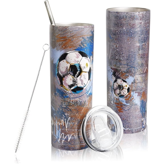 20 Oz Soccer Print Skinny Insulated Stainless Steel Tumblers With Straw & Lid Metal Double Wall Vacuum Travel Coffee Mug Gift For Soccer Fans