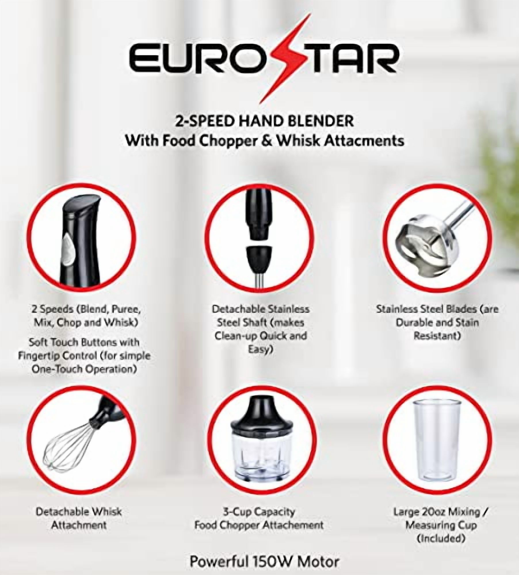 EUROSTAR EH4800BX 2-Speed Hand Blender with Food Chopper & Whisk Attachments, Black