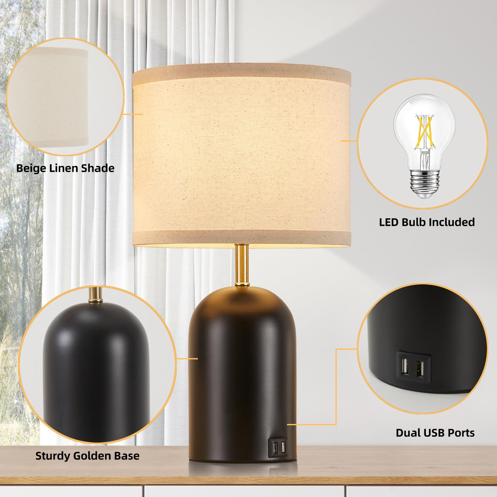 Natyswan Touch Control Table Lamps Set of 2, Modern Bedside Lamp with 2 USB Ports, 3-Way Dimmable Black Nightstand Lamp with Fabric Shade for Living Room Bedroom Office Dorm (LED Bulbs Included)