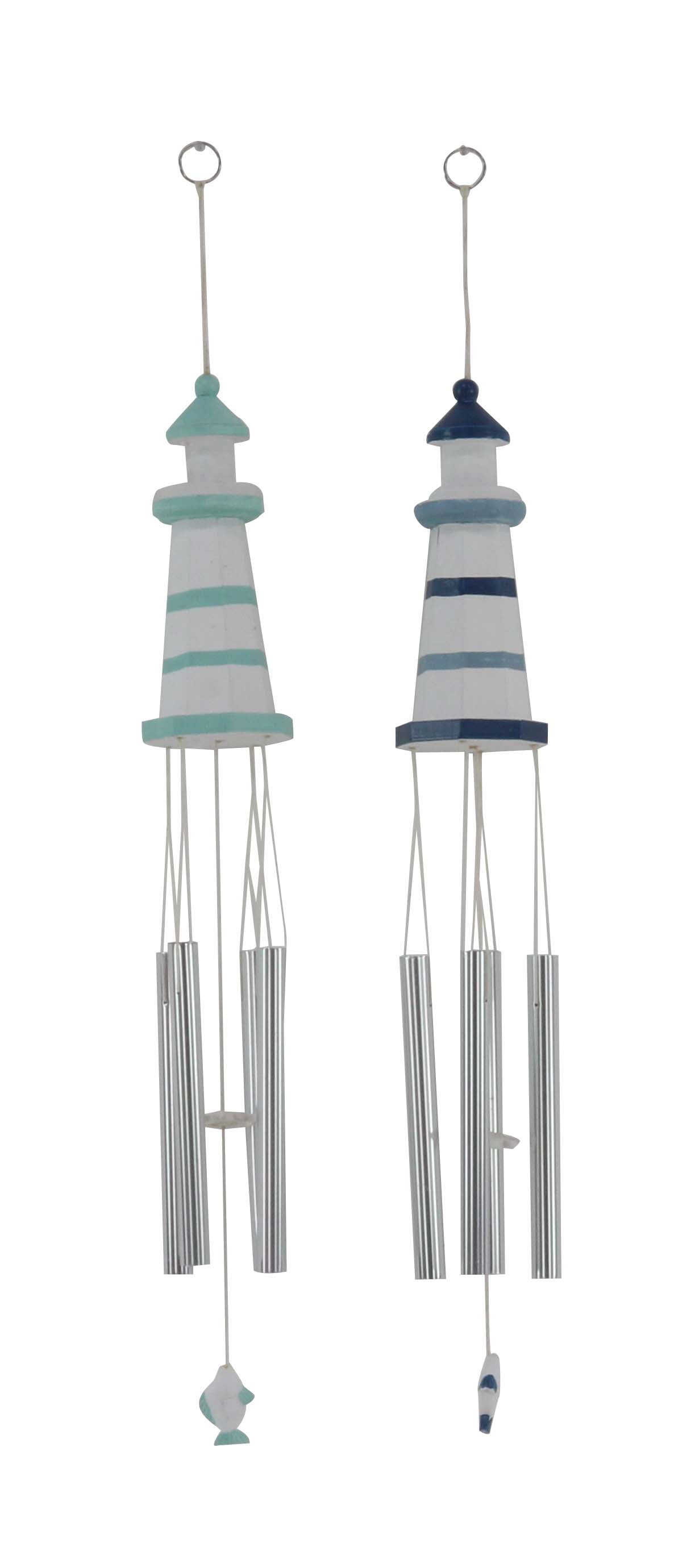 Decmode Set of 2 Coastal Wood and Aluminum Lighthouse Wind Chimes, Blue