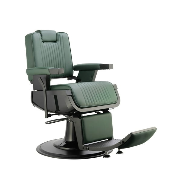 SHERMAN Heavy Duty Barber Chair Reclining Seat, Hydraulic Barber Chair for Barber Shop Hair Salon, Black Frame Green Leather