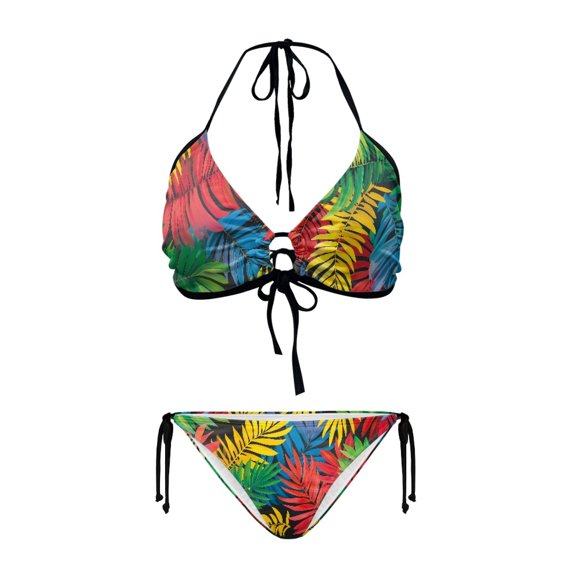 chaqlin Women's Colorful Tropical Palm Leaf Halter Bikini Set - Two Piece Triangle Swimsuit with Tie Side, Quick Dry for Beach & Vacation