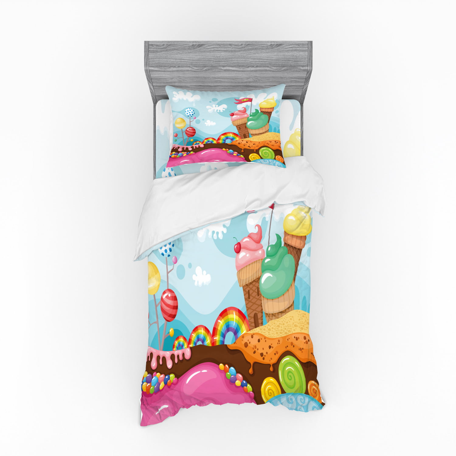 Ambesonne Ice Cream Pillow Sham Pink Blue Dessert Land with Rainbow Candies Lollipop Trees and Cupcake Mountains Style of Cartoon Art Decorative Standard Queen Size Printed Pillowcase 30 X 20 