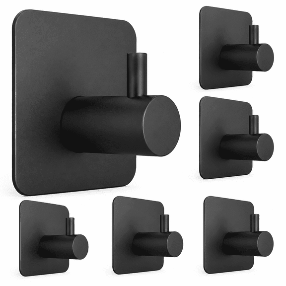 GQCLNBH Self Adhesive Hooks Heavy Duty, 6 Pack Matte Black Stainless Steel Towel Wall Hooks for Bathroom Kitchen, No Drill