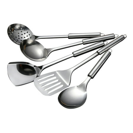 

UYUH Set of 5 Kitchen Utensil Set 304 Stainless Steel Cooking Tools Cookware Set with Rotating Holder Slotted Spoon Slotted Spatula Large Spoon Soup Spatula Spaghetti Server Silver