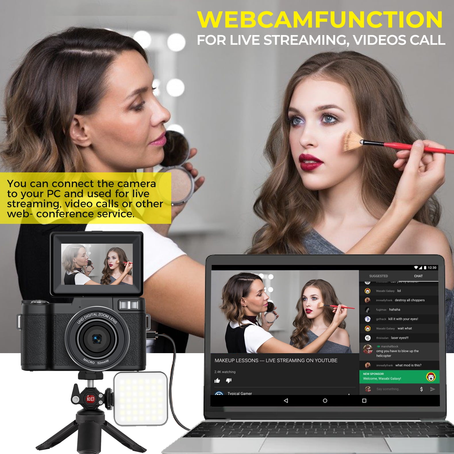 5K Vlogging Camera with WiFi 64MP 4K Digital Camera for Photography Vlog Camera with Flip Screen Video Camera for YouTube with Selfie Light, Mini Tripod, Batteries
