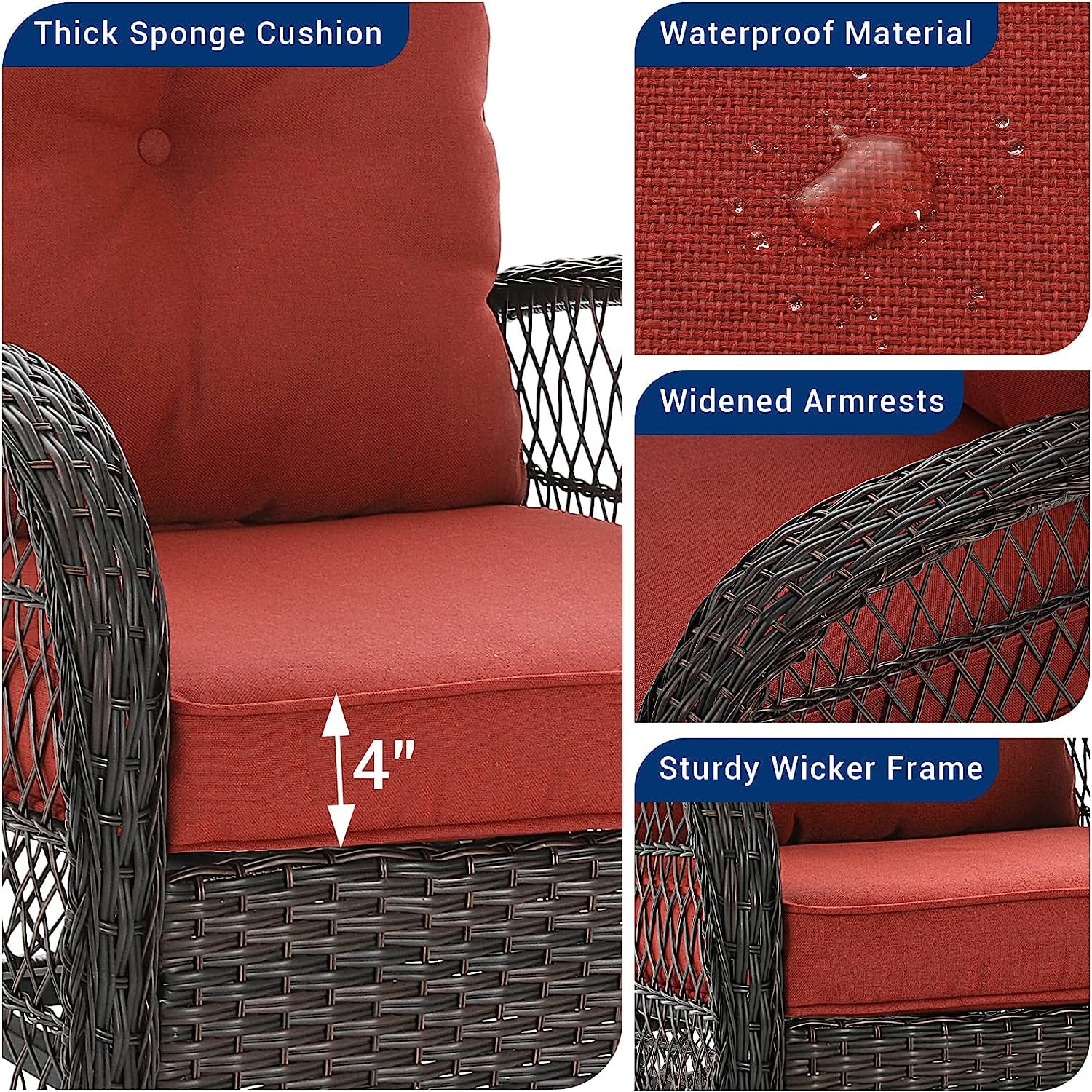 Techmilly 3 Pieces Patio Furniture Set, Outdoor Swivel Gliders Rocker, Glass Top Side Table  (Red)