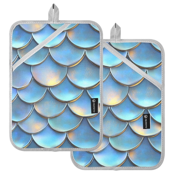 Ryvnso Scale Blue Pattern Oven Mitts Heat Resistant Pot Holders Set of 2 Hot Pads