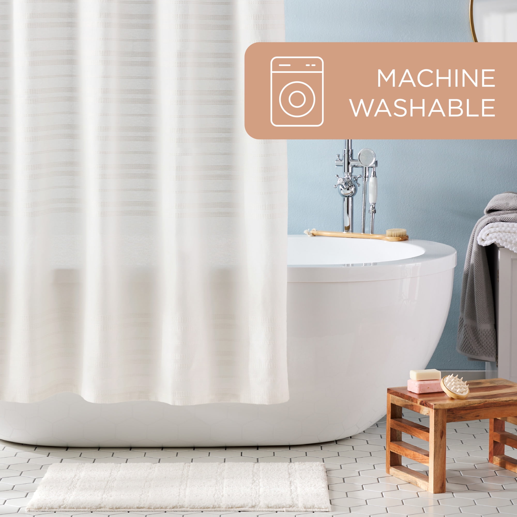 TOWN & COUNTRY EVERYDAY Sophia Textured Solid Cotton-Rich Breathable Fabric Shower Curtain with Reinforced Buttonhole Top Hem, White, 70"x72"