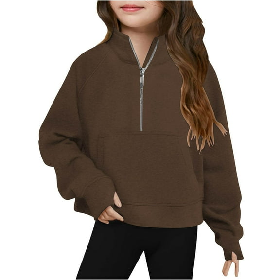GaThRRgYP Workout Tops for Women,Middle Big Girls Half Zip Crewneck Sweatshirt Long Sleeve Pullover Tops Crop Tops Kids Fleece Sweatshirts for 5-14 Years Brown 120/5Y