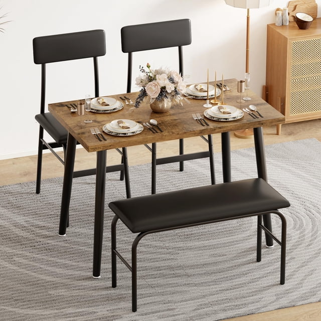 4-Piece Dining Table Set for 4, Kitchen Table with Upholstered Bench & 2 Chairs, Space-Saving Furniture for Small Spaces & Apartments