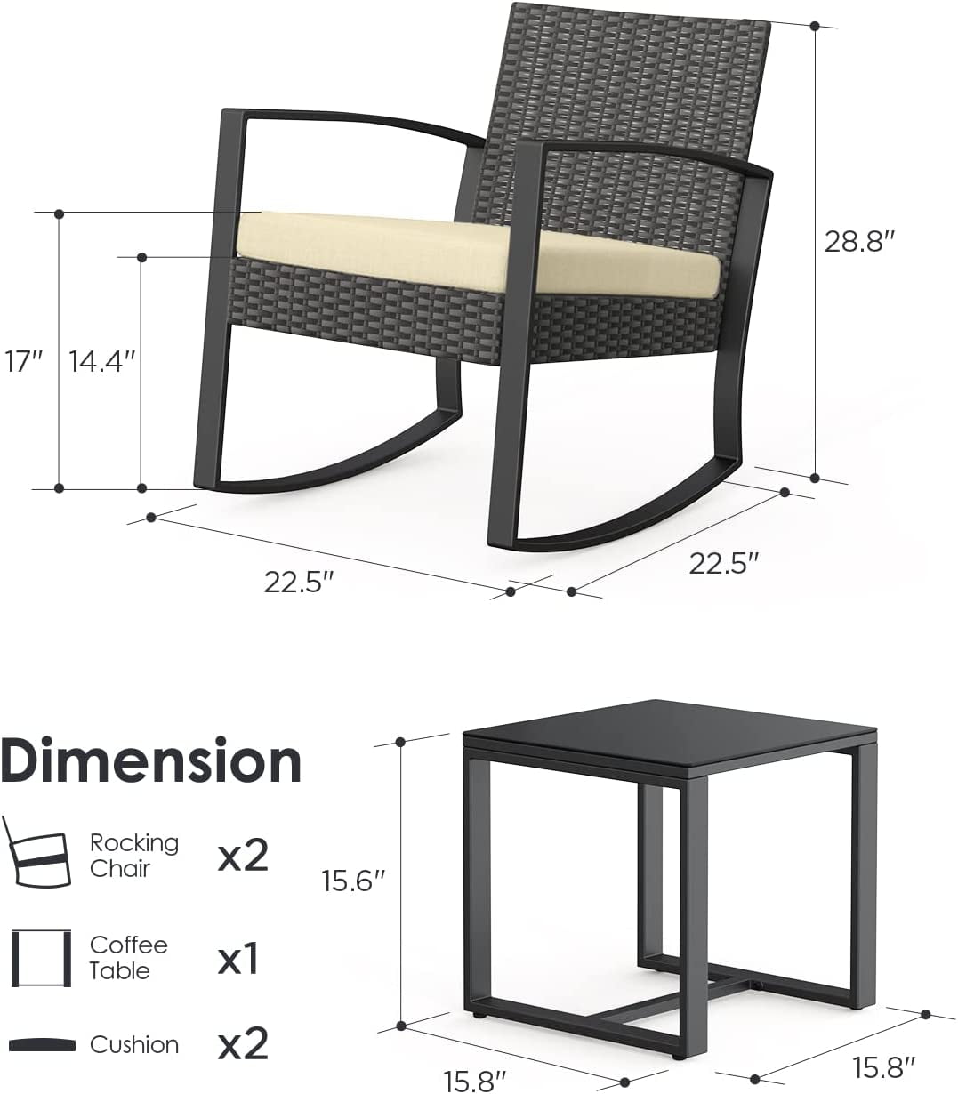 3-Piece Porch Balcony Furniture Set, Lofka Patio Rocking Chairs Set with Small Glass Table for Conversation and Break Time, Beige Cushion