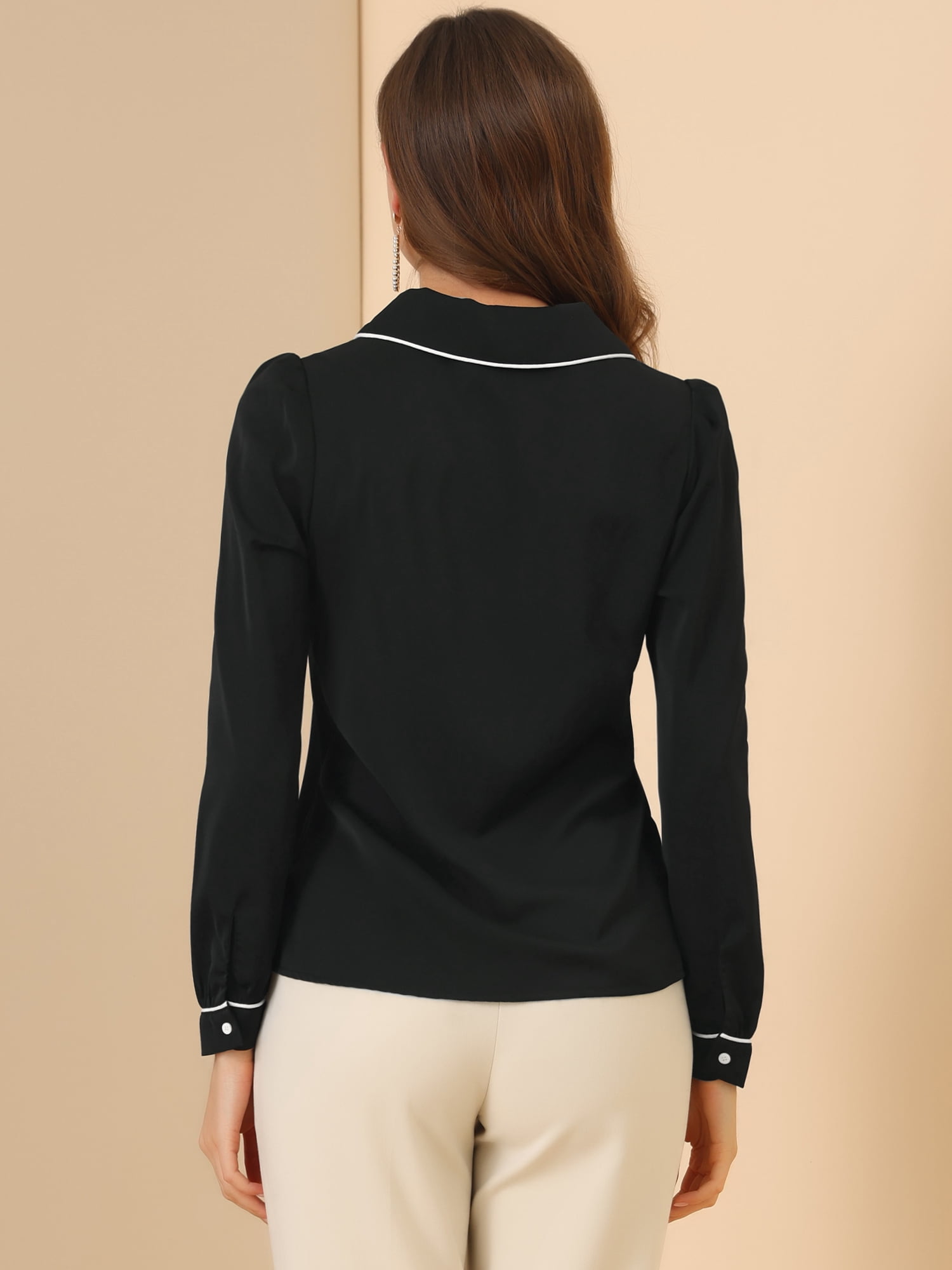 DARING DIVA Women's Peter Pan Collar Puff Sleeve Work Blouse XXL Black