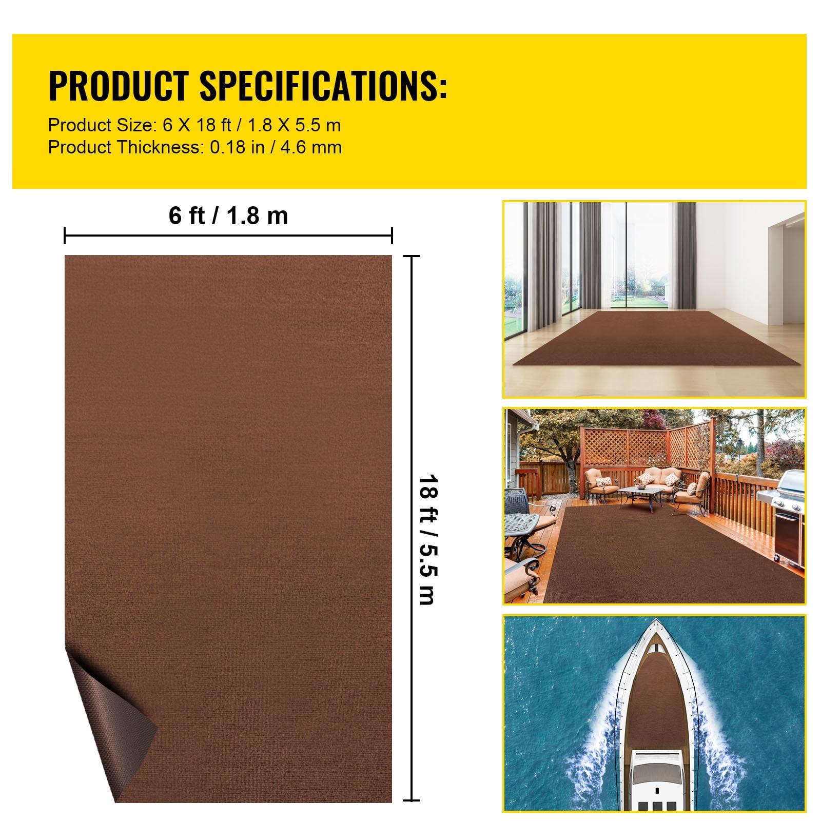 KFFKFF Dark Brown 6 ft x 18 ft Marine CarpetingMarine Grade Carpet for Boats with Waterproof Back Outdoor Rug for Patio Porch Deck Garage Outdoor Area Rug Runner Non-Slide Porch Rug