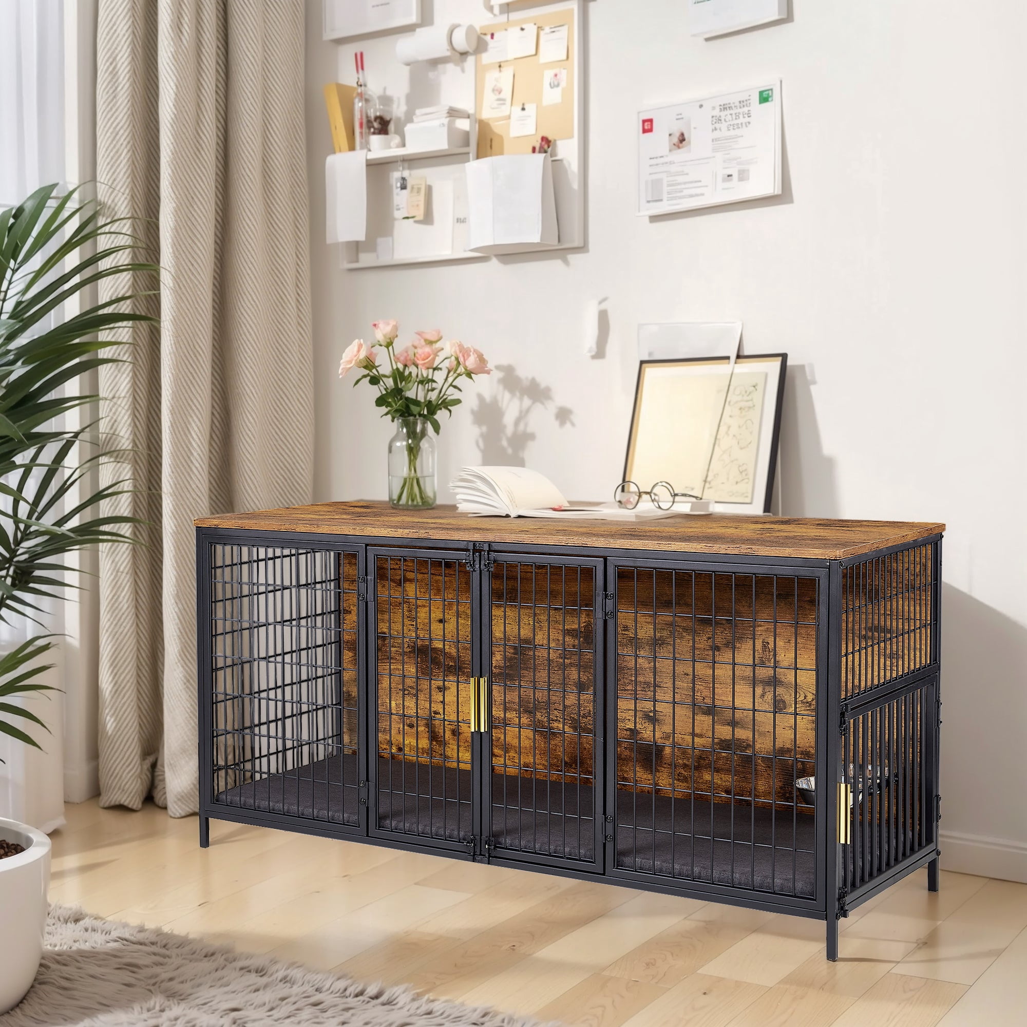 VECELO Dog Crate Furniture, 53 Inch Dog Kennel Indoor Wooden Dog Cage with Double Doors, Farmhouse Decorative Pet House for Large Medium Dogs, Chew-Resistant, Brown