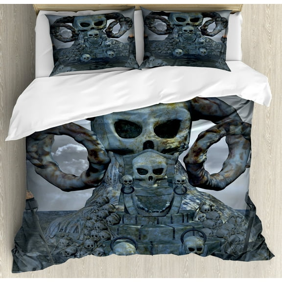 Skull Duvet Cover Set, Spooky Scary with Many Skulls Horns and Torches Graves Death Ghosts Theme, Decorative 3 Piece Bedding Set with 2 Pillow Shams, Calking Size, Bluegrey Grey, by Ambesonne