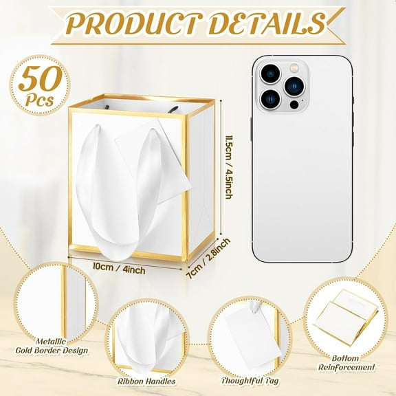 50 Pcs Mini Metallic Paper Gift Bags with Handles, Tiny White & Gold Party Favors for Wedding, Birthday, Welcome Gifts