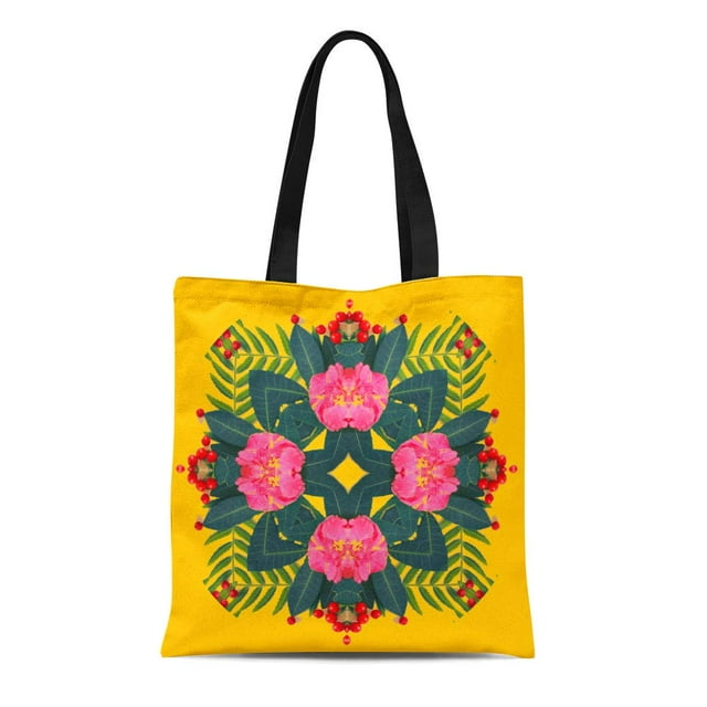 JSDART Sac Fourre-Tout en Toile Jaune Géométrique Kaléidoscope Mandala Floral Plante Fleur Fractale Circulaire Réutilisable Épaule Courses Sac à Main