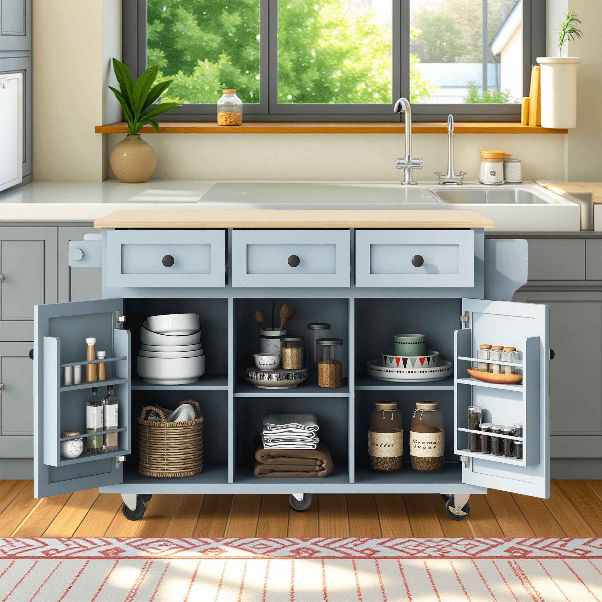 MAYEERTY Kitchen Island on 5 Wheels with Storage Cabinet & 3 Drawers for Dining Room, White