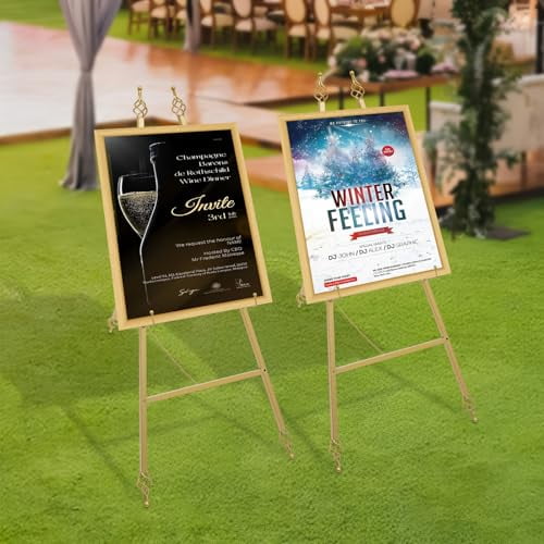 Easel Stand, 2 Pack Metal Portable Floor Easel Stand for Decorative Display, Large Gold Collapsible Poster Easel Tripod with 6 Adjustable Hooks for Painting, Display Show, Wedding