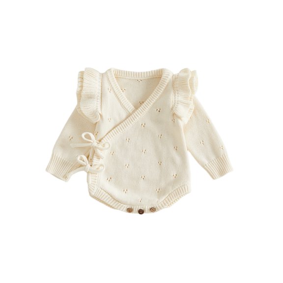 Cjfdfy Newborn Baby Girls Knit Sweater Romper Ruffle Long Sleeve Eyelet Embroidery V Neck Side-tie Jumpsuit Little Baby Cute Sweet Fall Winter Sweater 0-6M