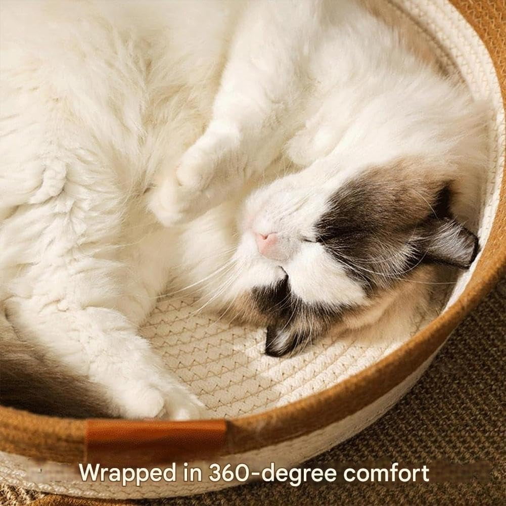 Handwoven Cat Basket,Foldable Scratchable Cat Bed Rope Cotton,Breathable Durable Natural Rattan Woven Pet Sleeping House with Teasing Ball & Cushion for Small & Large Cat & Dog