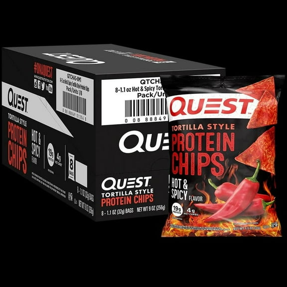 Quest Tortilla Style Protein Chips Hot & Spicy Flavor 8 Count – 1.1 oz (32 g) Each | High Protein Low Carb Gluten Free Snack