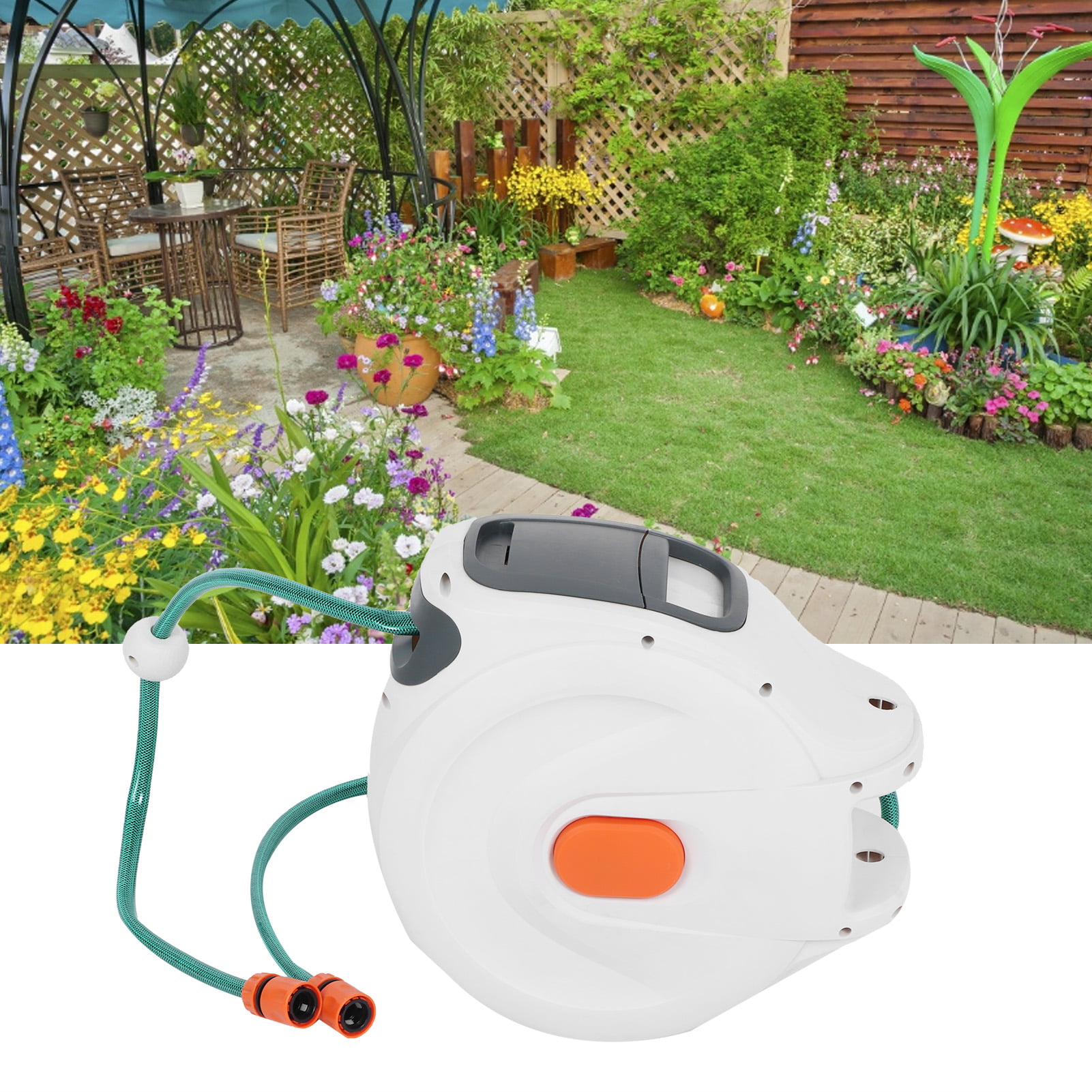 20m Auto Retractable Hosepipe Wall-Mounted on Reel or Portable 180° Swivel 2-in-1 Jet or Spray Garden Hose Reel Wall Mounted