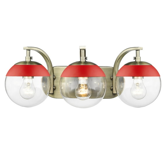 Golden Lighting 3219-BA3 AB-RED Dixon 3 Light Bath Vanity with Clear Glass & Red Cap, Aged Brass