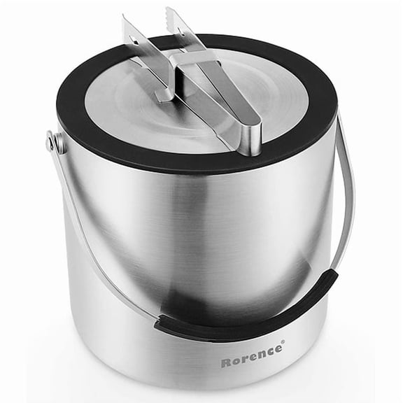 Rorence 3L Double Wall Insulated Ice Buckets with Lid and Tongs, Stainless Steel Ice Cube Container with Strainer for Cocktail Bar and Parties