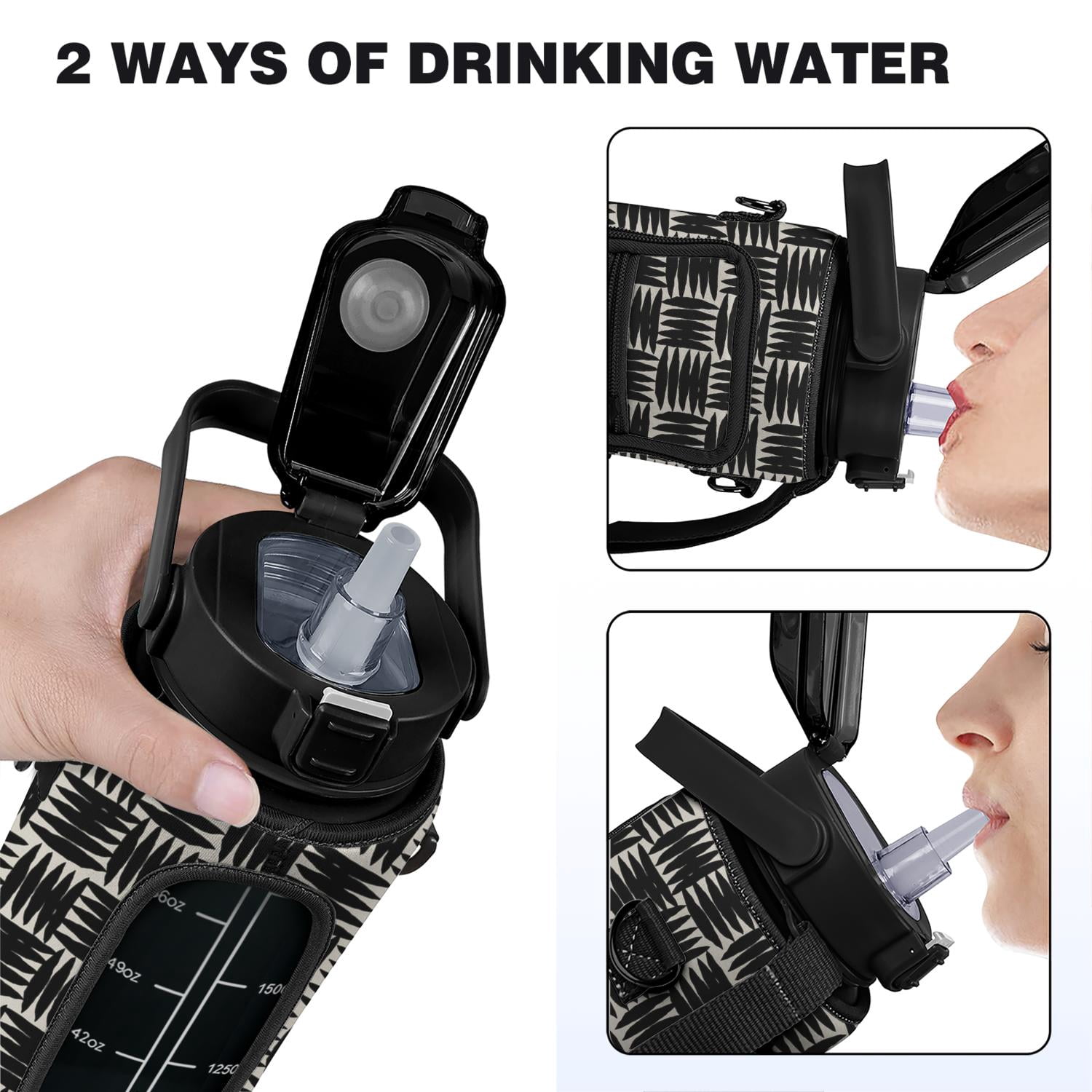 Black & White Stripe 64 Oz Water Bottle with Measurements - BPA Free Leakproof Sport Large Plastic Water Bottle with Straw Strap & Insulated Neoprene Holder Carrier Bag Great Gift for Women Men