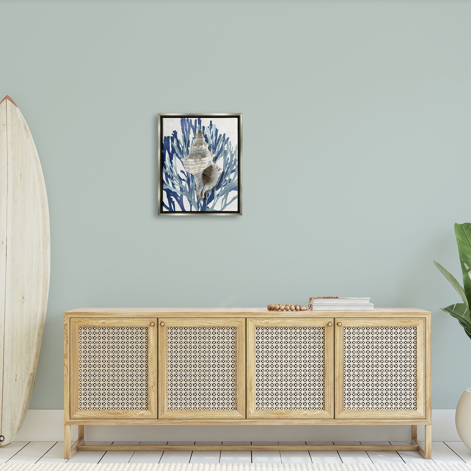Stupell Industries Tower Shell Coral Blue Beach Design Luster Gray Framed Floating Canvas Wall Art, 16x20, by Caroline Kelly